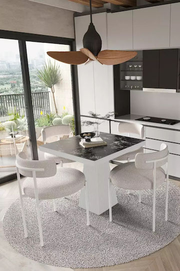Masă De Dining 90x90 Scaune Din Metal Alb Și Material Bej – Set Minimal De Mobilier Pentru Sufragerie Masă De Dining 90x90 Scaune Din Metal Alb Și Material Bej – Set Minimal De Mobilier Pentru Sufragerie