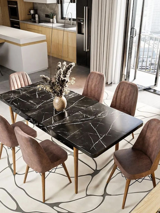 Set Mobilier Pentru Sufragerie Negru Model Marmură Scaune Maro
