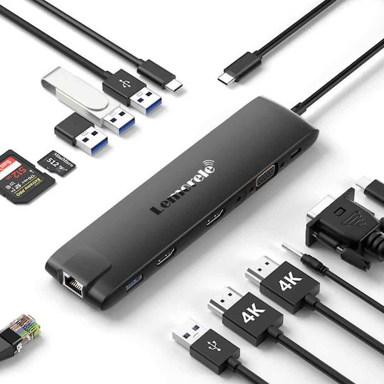 Lemorele TC96 USB-C Лаптоп Докинг Станция с HDMI 4K PD Ethernet и Свързване на 2 Монитора Черен