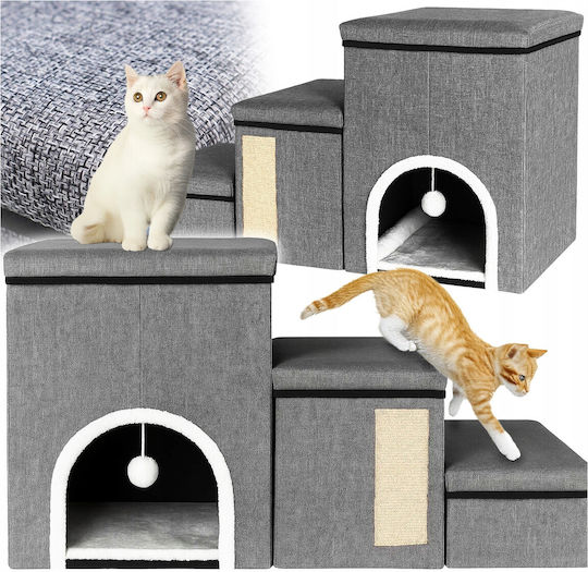 Căsuță Multifuncțională Pentru Pisici 3 Nivele Zola Pat Moale Panou De Scratching Din Sisal Jucărie Suspendată Pliabilă 76 X 42 X 33 Cm Gri