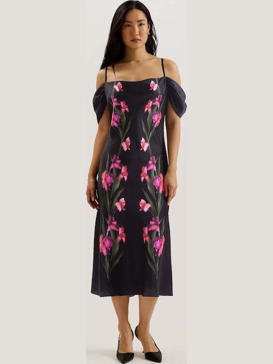 Midi Evening Satin Dress with Ruffles Black