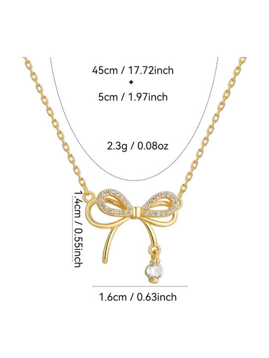 By Queen Γυναικείο Κολιέ Διπλός Φιόγκος S925 Gold Plated Ζιργκόν