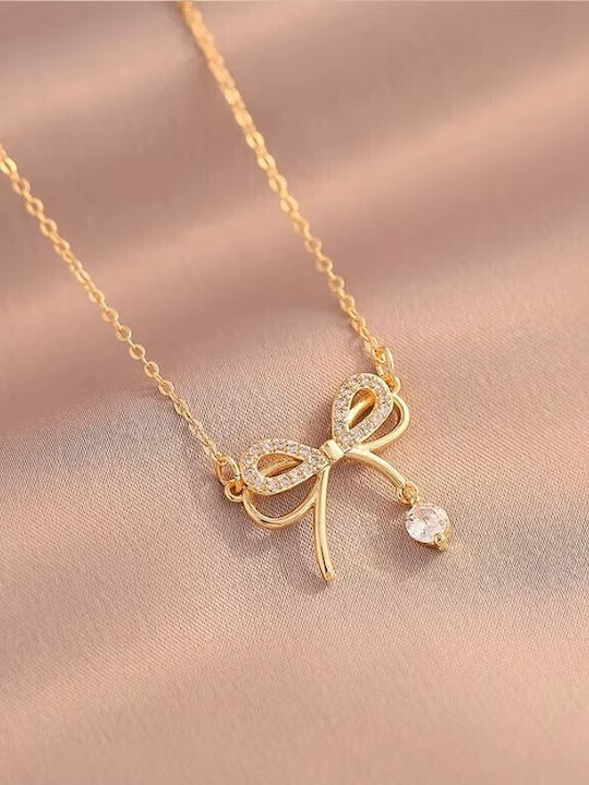 By Queen Γυναικείο Κολιέ Διπλός Φιόγκος S925 Gold Plated Ζιργκόν