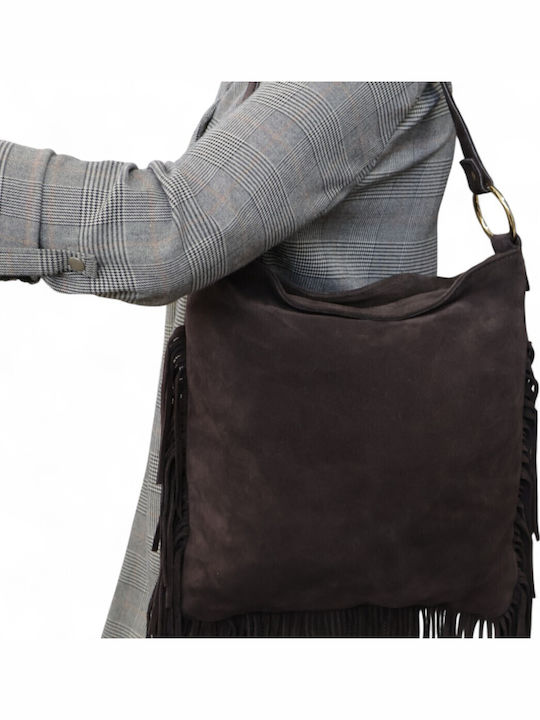 Suede Leather Women's Shoulder Bag with Fringes Brown