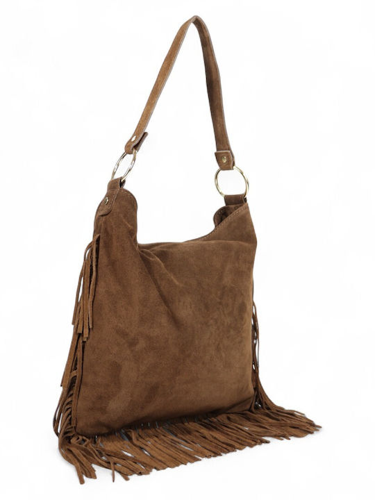 Suede Leather Women's Shoulder Bag with Fringes Brown