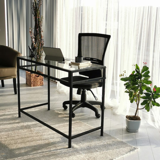 Birou Network Calisma Masasi Sticlă Negru Cu Picioare Metalice 100x45x75cm