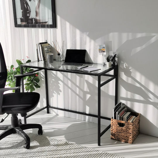 Birou Network Calisma Masasi Sticlă Negru Cu Picioare Metalice 100x45x75cm