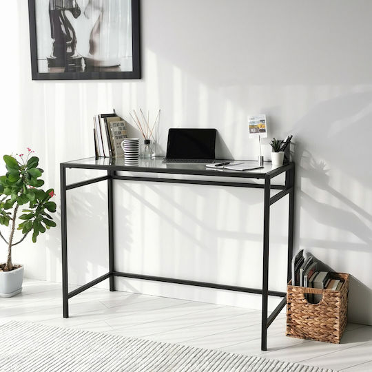Birou Network Calisma Masasi Sticlă Negru Cu Picioare Metalice 100x45x75cm
