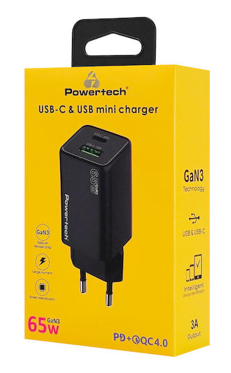 Powertech Φορτιστής Χωρίς Καλώδιο GaN με Θύρα USB-A και Θύρα USB-C 65W Power Delivery / Quick Charge 4.0 Μαύρος (PT-1501)