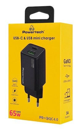 Powertech Φορτιστής Χωρίς Καλώδιο GaN με Θύρα USB-A και Θύρα USB-C 65W Power Delivery / Quick Charge 4.0 Μαύρος (PT-1501)
