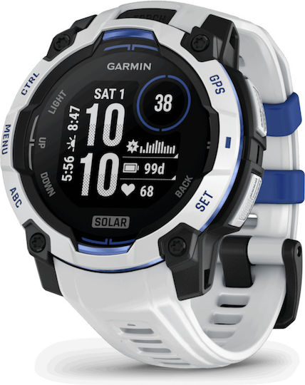 Garmin Instinct 3 Solar Aluminium 45mm Αδιάβροχο Smartwatch με Παλμογράφο (Whitestone and Blue Limited Edition)