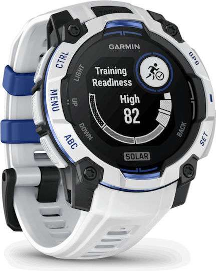 Garmin Instinct 3 Solar Aluminium 45mm Αδιάβροχο Smartwatch με Παλμογράφο (Whitestone and Blue Limited Edition)