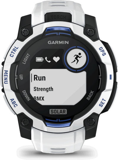 Garmin Instinct 3 Solar Aluminium 45mm Αδιάβροχο Smartwatch με Παλμογράφο (Whitestone and Blue Limited Edition)