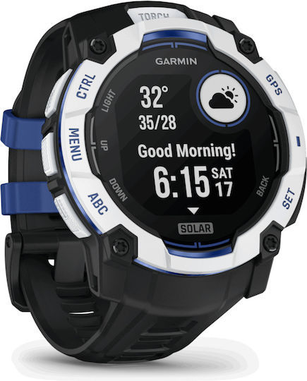 Garmin Instinct 3 Solar Aluminium 50mm Waterproof Smartwatch with Heart Rate Monitor (Whitestone with Black and Blue Limited Edition)
