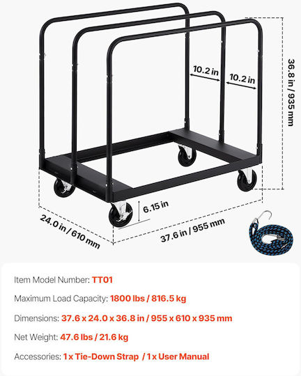 Vevor Καρότσι Μεταφοράς για Φορτίο Βάρους έως 816kg σε Μαύρο Χρώμα