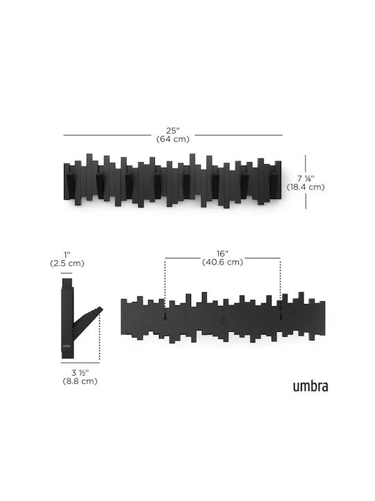 Umbra Wall Hanger Abs Plastic 8 Hooks Black 72x18x3cm