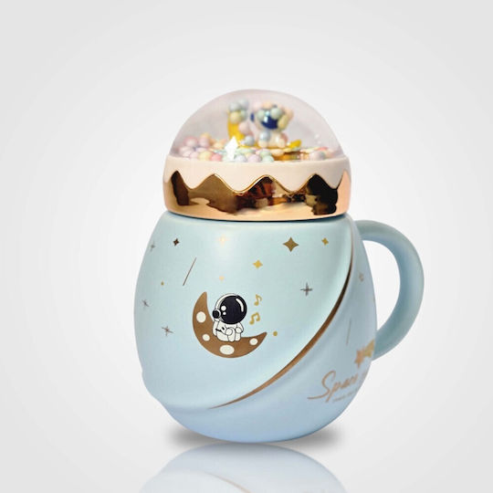 Becher Keramik mit Deckel Blau 500ml