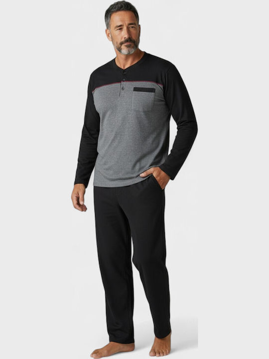 Men's Pyjama Fleece Collection Long Sleeves & Buttons – Gray Black Cl2621-1-Anthracite