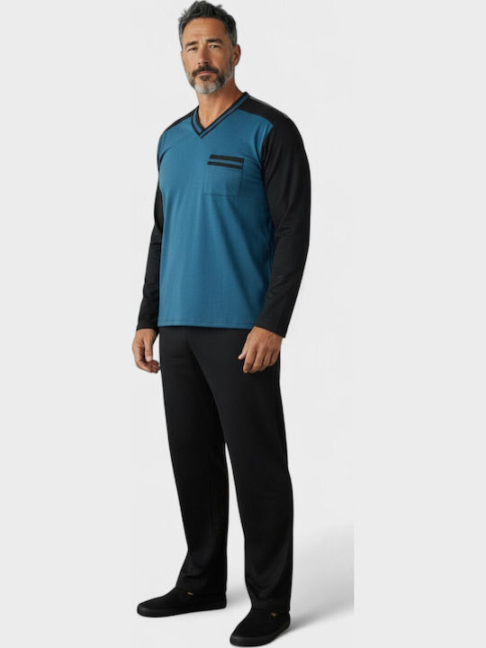 Ανδρική Πιτζάμα Fleece Collection Πετρόλ-μαύρη V Λαιμόκοψη Cl2640-1-πετρόλ