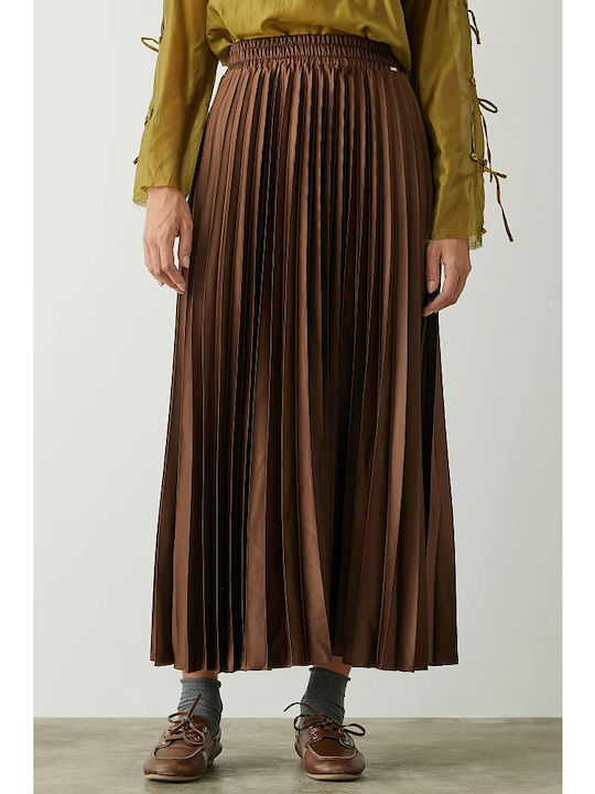 Satin Pleated Midi Skirt Brown