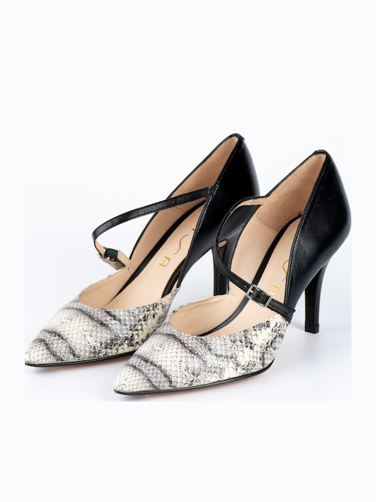 Leather Pointed Toe Stiletto Black High Heels with Strap