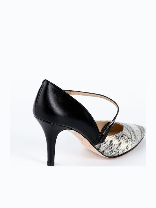 Leather Pointed Toe Stiletto Black High Heels with Strap