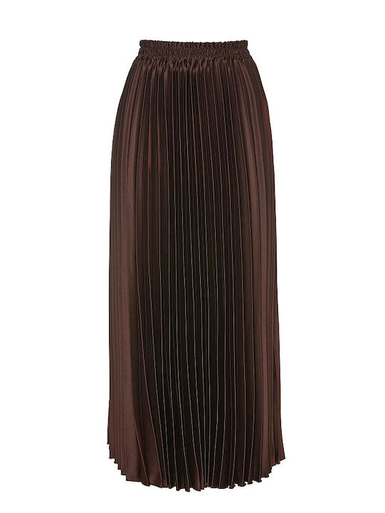 Satin Pleated Midi Skirt Brown