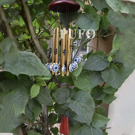 Pufo Wind Chime 5 Metal Sound Tubes Home Garden Hamsa Eye Design Gold