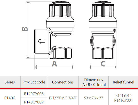 Valvă de Siguranță Solar Giacomini R140cy006 4 Bar Filet Intern 1/2” X 3/4” Comutatoare și robinete apă Instalări termice Panouri solare din alamă
