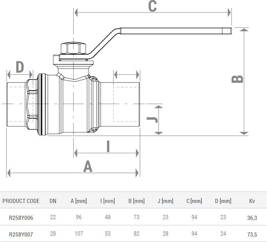 Comutator Giacomini R258y007 pentru robinet cu conector pentru țeavă de cupru de 35 mm cu port standard CW617N din alamă cu mâner metalic roșu