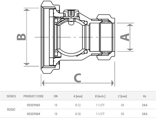Giacomini Ball Valve Fitting R252y003 Pump Connection Diameter 22mm X 1 1/2" Internal Thread Brass