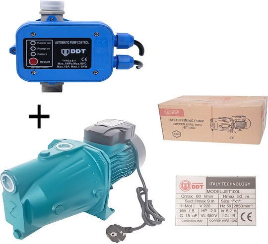 Pachet Promoțional Pompă de Apă de Suprafață Ddt Jet100l 1500 W Fontă Bobinaj 100% Cupru + Presostat Electronic Automat Ddt Ls1 1.1kw 10 Bar