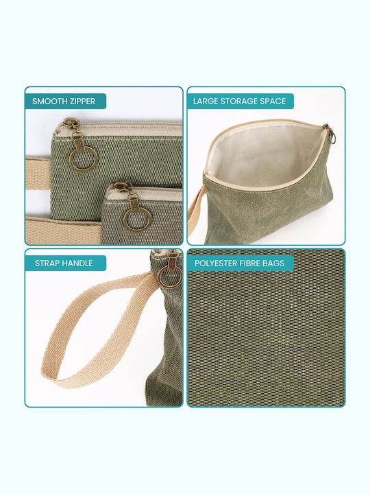 Set 3 Organizer Bags Belle Vous Zipper Various Sizes Travel Makeup Tools Stationery Polyester Green