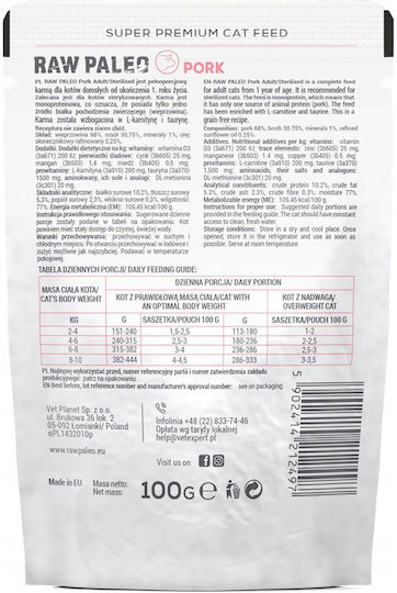 Vetexpert Raw Paleo Adult Sterilised Cat Pork 100g
