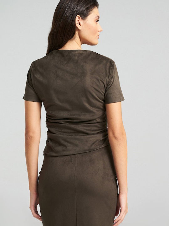 Γυναικείο Crop Top Βελούδινο Κοντομάνικο Khaki