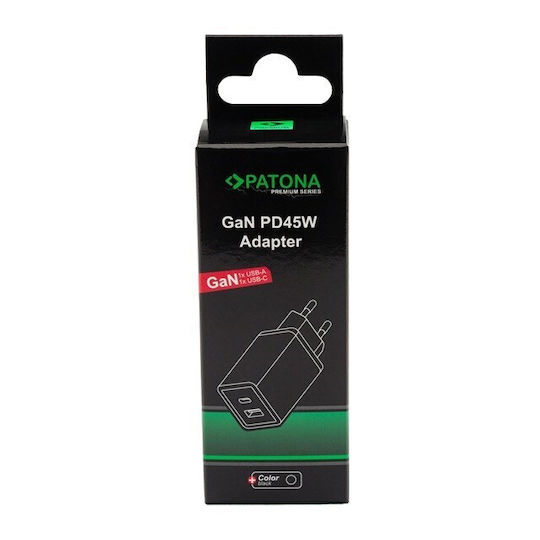 Patona Charger Without Cable with USB-A Port and USB-C Port 45W Power Delivery Blacks (IM1293)