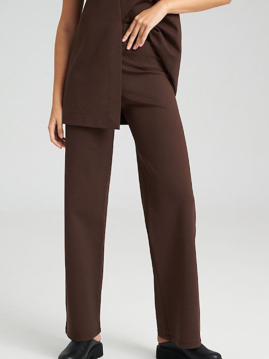 Pants Women's High-waisted Fabric Trousers with Elastic Straight Line Brown