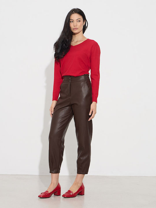 Damen Hoch tailliert Stoff Hose mit Gummizug Brown