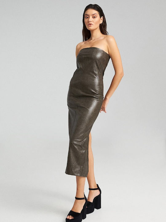 Midi Evening Strapless Leather Khaki Dress