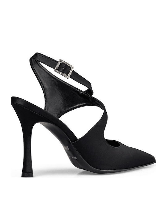Pantofi Cu Toc Ascuțiți Din Satin Cu Toc Stiletto Și Baretă Neagră