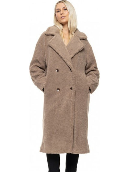 Damen Grey-Brown Mantel Teddy mit Knöpfen