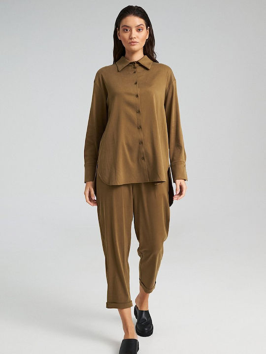 Women's High-waisted Linen Trousers Relaxed Fit Olive