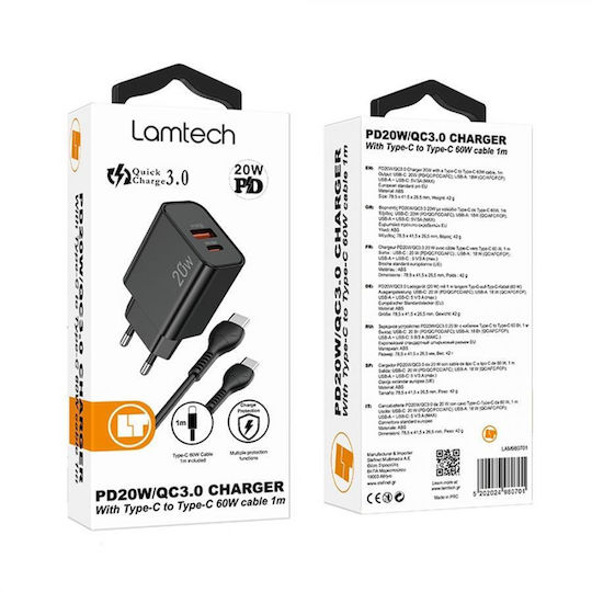 Lamtech Charger with USB-A Port and USB-C Port and Cable USB-C - USB-C 60W Power Delivery / Quick Charge 3.0 Blacks (LAM980701)