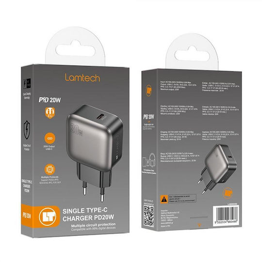 Lamtech Φορτιστής Χωρίς Καλώδιο με Θύρα USB-C 20W Power Delivery / Quick Charge 2.0 / Quick Charge 3.0 Γκρι (LAM980466)