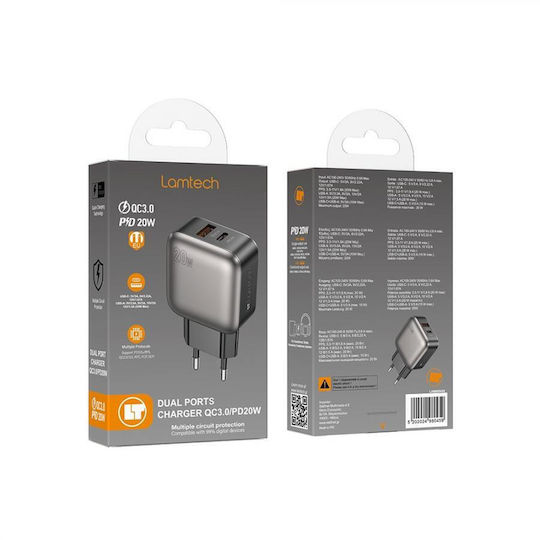 Lamtech Charger Without Cable with USB-A Port and USB-C Port 20W Power Delivery / Quick Charge 3.0 Gray (LAM980459)