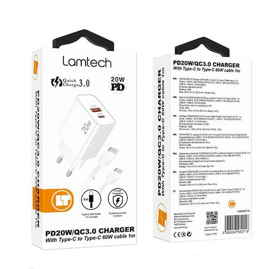 Lamtech Charger with USB-A Port and USB-C Port and Cable USB-C - USB-C 60W Power Delivery / Quick Charge 3.0 Whites (LAM980718)
