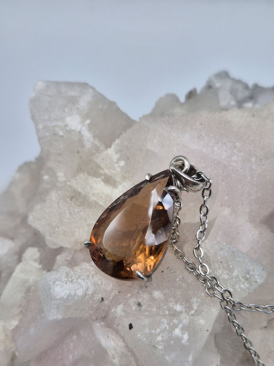 Ασημένιο Κολιέ Πορτοκαλί Τουρμαλίνη 20,75 Ct & Ατσάλινη Αλυσίδα – Χειροποίητο Statement Κόσμημα