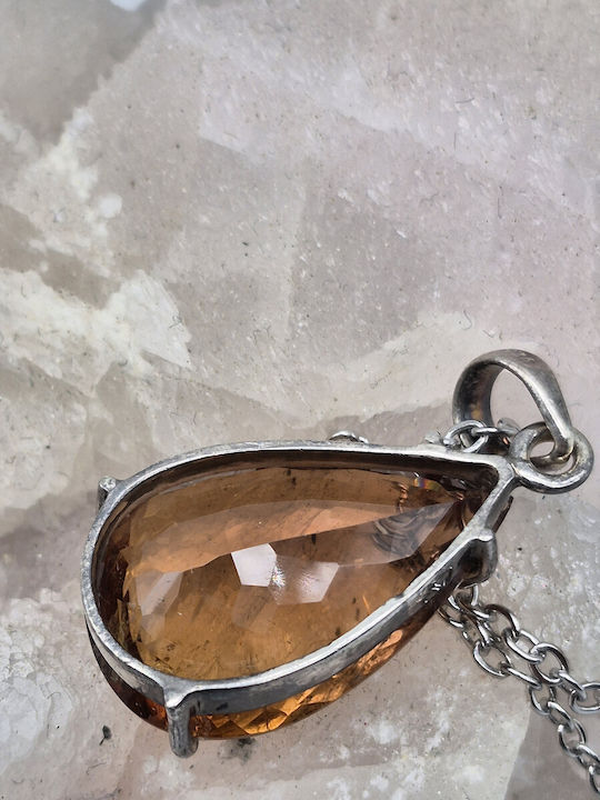 Silver Necklace Orange Tourmaline 20.75 Ct & Steel Chain – Handmade Statement Jewelry