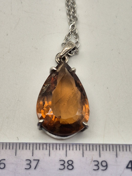 Silver Necklace Orange Tourmaline 20.75 Ct & Steel Chain – Handmade Statement Jewelry