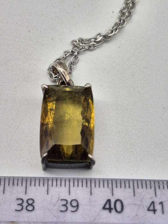 Ασημένιο Κολιέ Κίτρινη Τουρμαλίνη 19.4 Ct & Ατσάλινη Αλυσίδα – Χειροποίητο Statement Κόσμημα